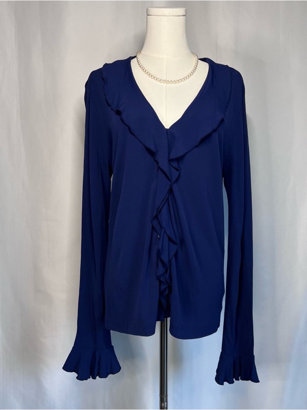 Ralph Lauren Royal Blue Ruffle-Front Long Sleeve Blouse